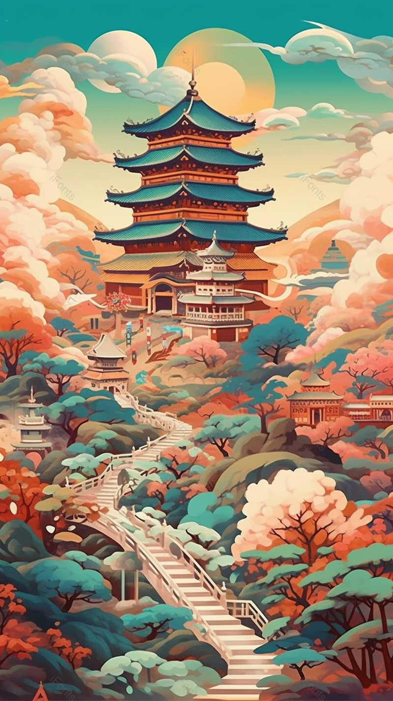 国潮建筑亭台楼阁自然美景,插画/手绘图,插画/手绘图库,插画/手绘图下载,插画/手绘